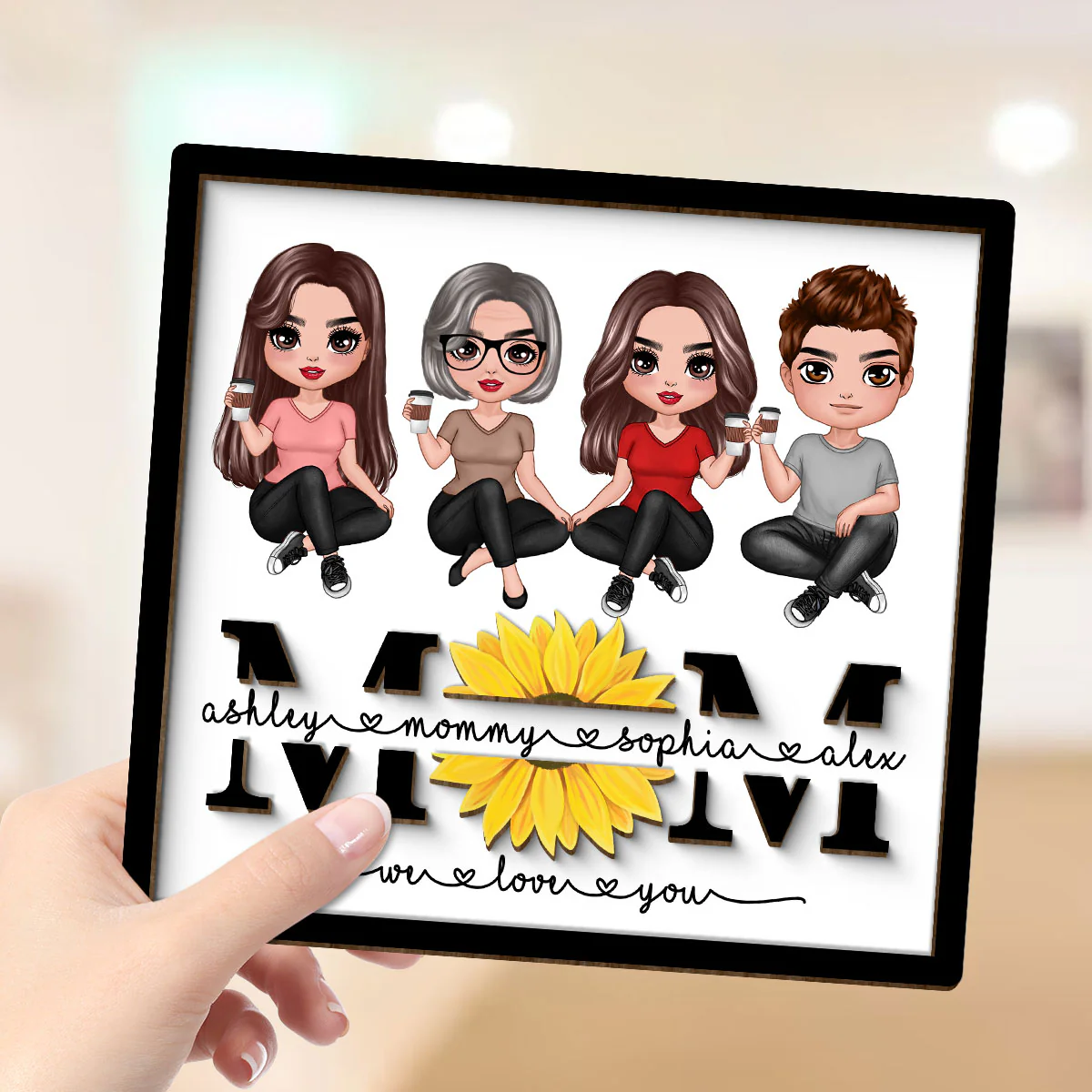 Mom We Love You Sunflower Sitting On Text Personalized 2-layer Wooden Plaque, Gift For Mom - Image 4
