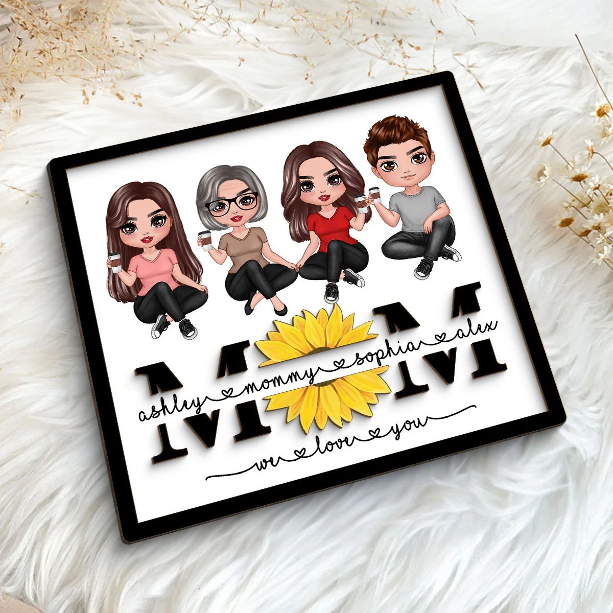 Mom We Love You Sunflower Sitting On Text Personalized 2-layer Wooden Plaque, Gift For Mom - Image 5