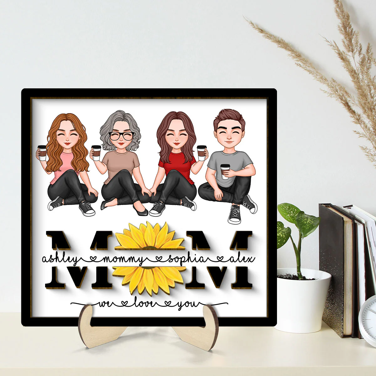 Mom We Love You Sunflower Vector Sitting On Text Personalized 2-layer Wooden Plaque, Gift For Mom - Image 2