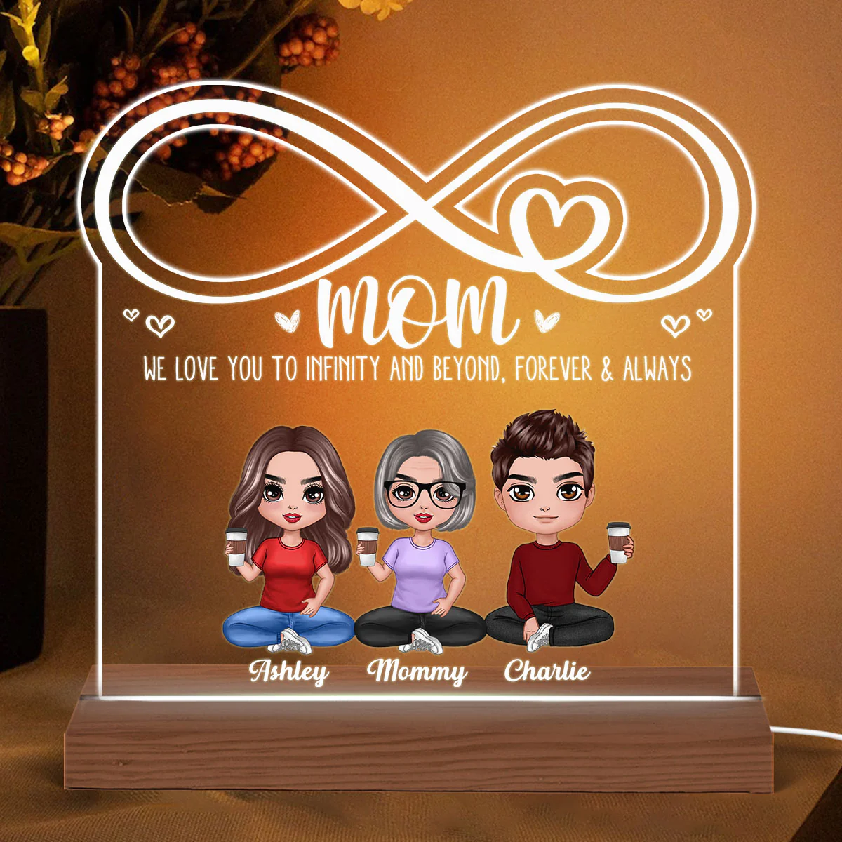 Mom We Love You To Infinity Doll Mom & Children Daughter Son Sitting Personalized Custom Shaped Acrylic Plaque With LED Night Light - Image 2