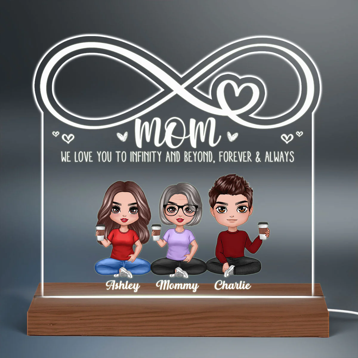 Mom We Love You To Infinity Doll Mom & Children Daughter Son Sitting Personalized Custom Shaped Acrylic Plaque With LED Night Light - Image 3