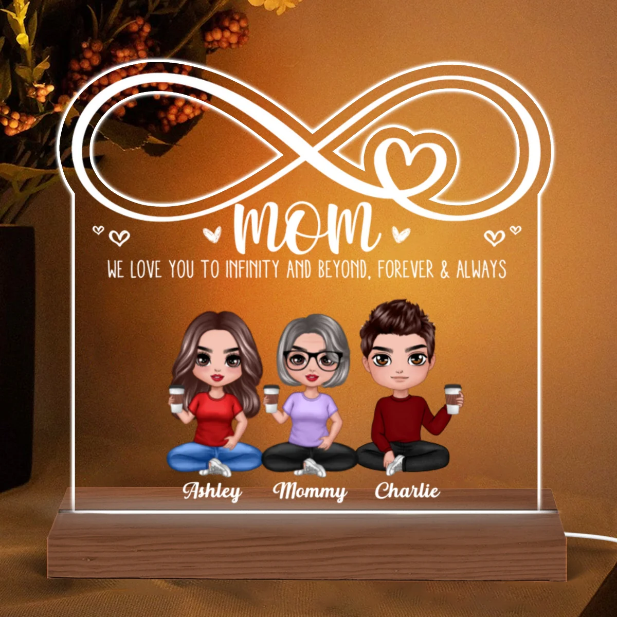 Mom We Love You To Infinity Doll Mom & Children Daughter Son Sitting Personalized Custom Shaped Acrylic Plaque With LED Night Light - Image 5