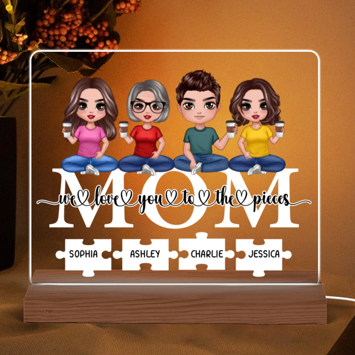 Mom We Love You To Pieces Personalized Acrylic Custom Shape LED Night Light - Image 6