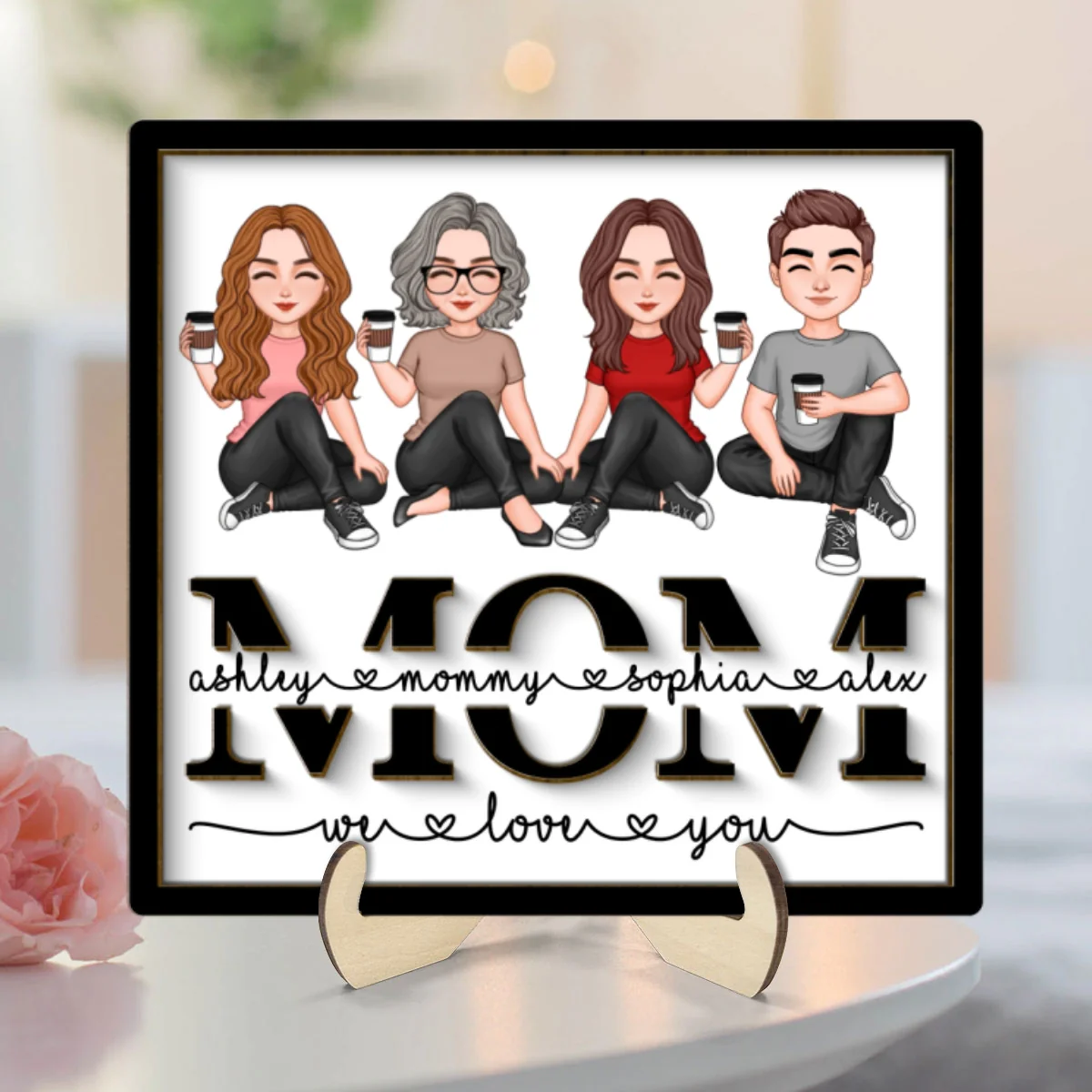 Mom We Love You Vector Sitting On Text Personalized 2-layer Wooden Plaque - Image 8