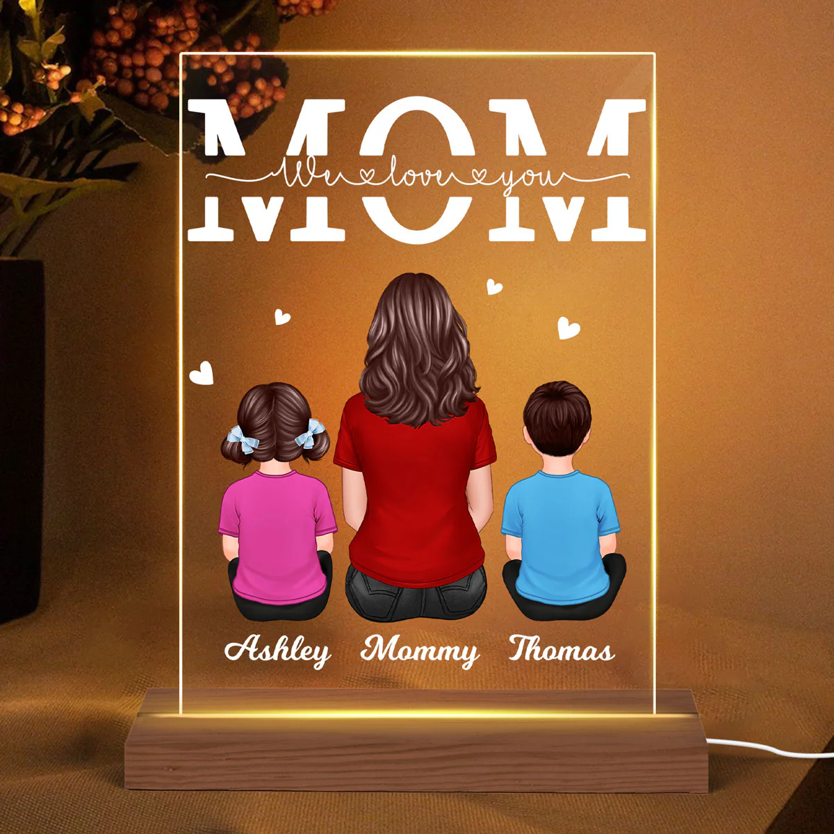 Mom We Love You Woman & Children Back View Personalized Rectangle Acrylic Plaque With LED Night Light
