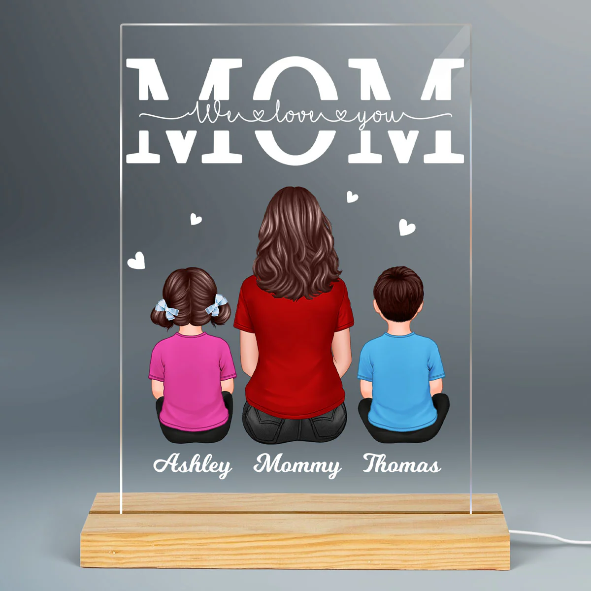 Mom We Love You Woman & Children Back View Personalized Rectangle Acrylic Plaque With LED Night Light - Image 2