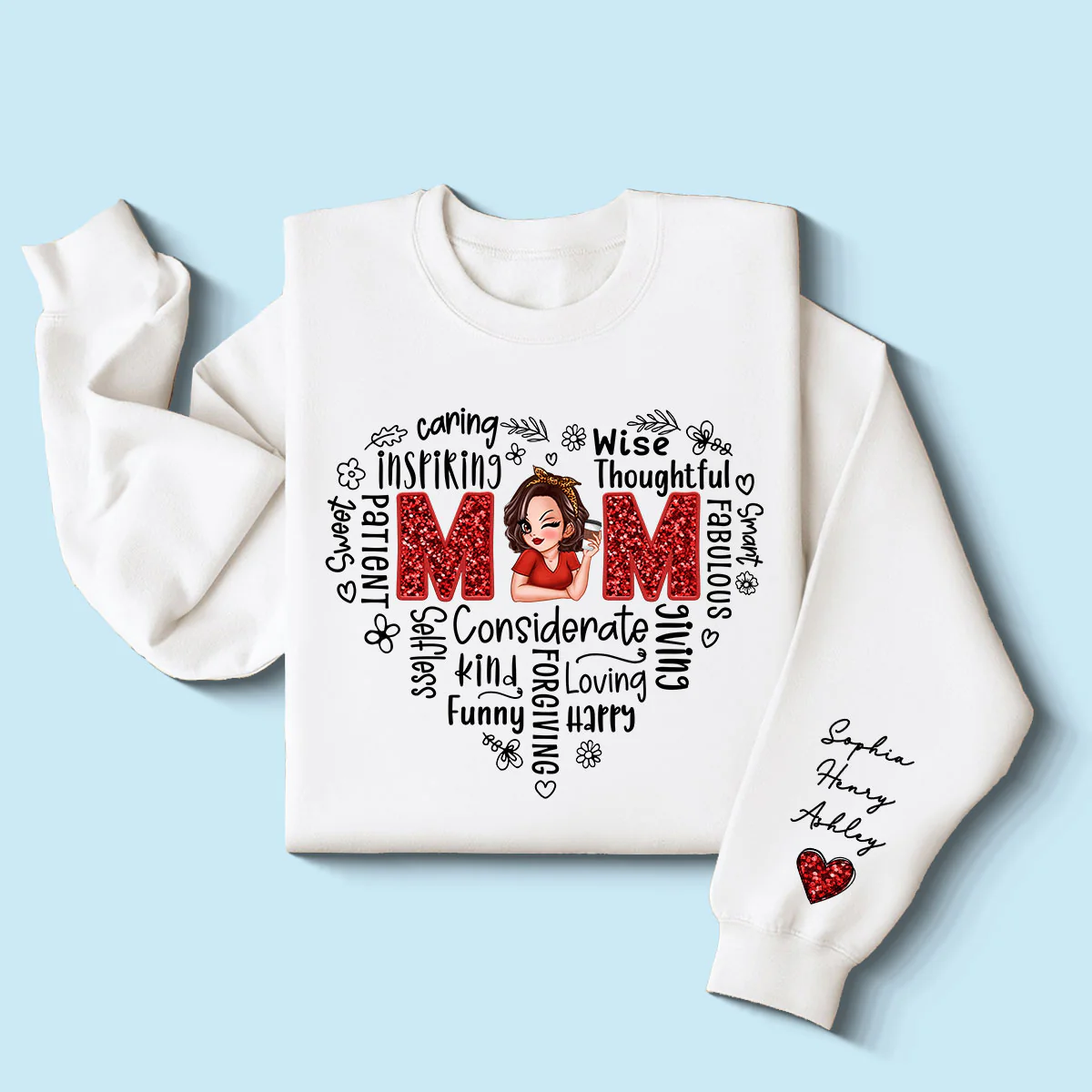 Mom Word Art Pretty Woman With Kids Names On Sleeve Personalized Sleeve Printed Sweatshirt