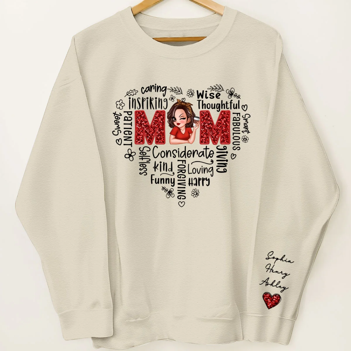 Mom Word Art Pretty Woman With Kids Names On Sleeve Personalized Sleeve Printed Sweatshirt - Image 10