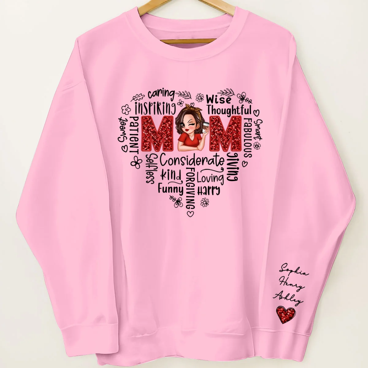 Mom Word Art Pretty Woman With Kids Names On Sleeve Personalized Sleeve Printed Sweatshirt - Image 11
