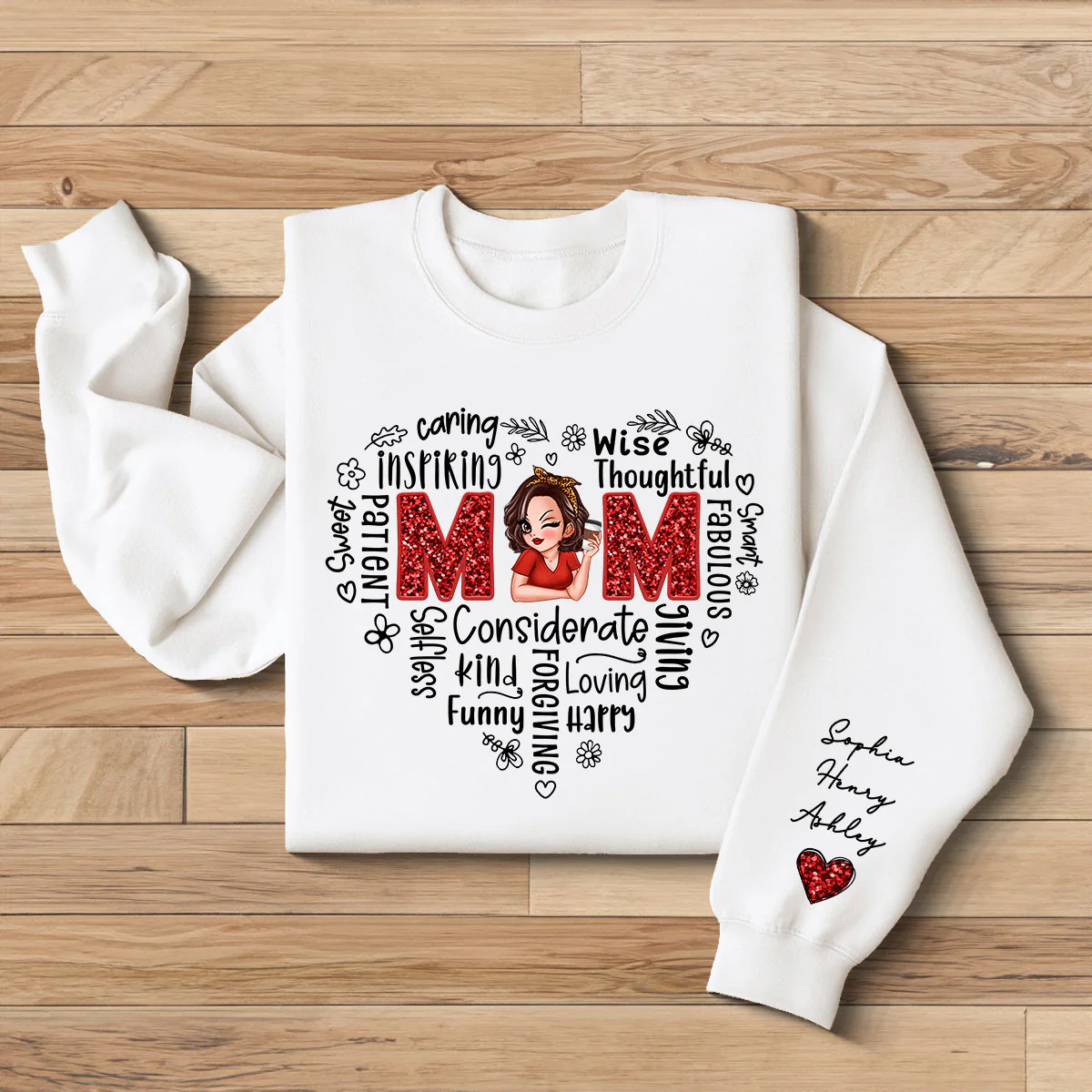 Mom Word Art Pretty Woman With Kids Names On Sleeve Personalized Sleeve Printed Sweatshirt - Image 2
