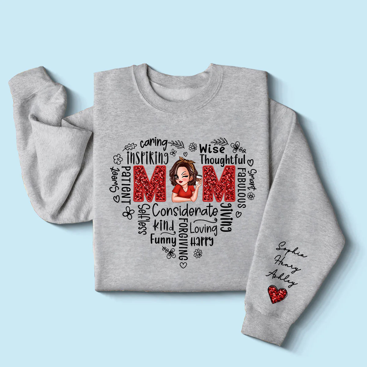 Mom Word Art Pretty Woman With Kids Names On Sleeve Personalized Sleeve Printed Sweatshirt - Image 3