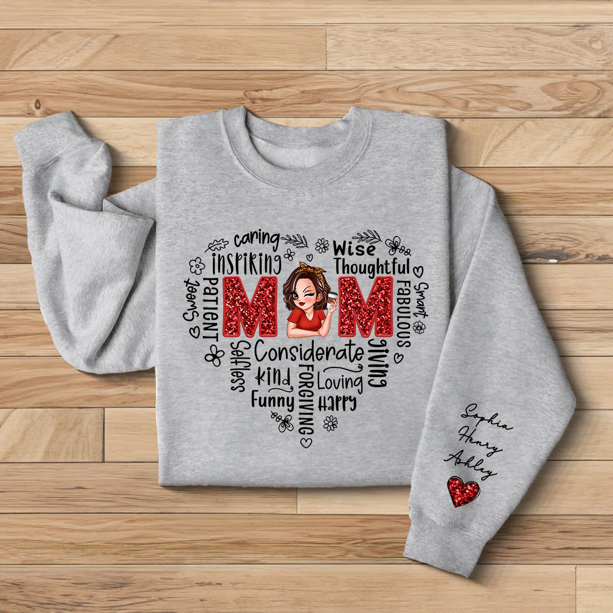 Mom Word Art Pretty Woman With Kids Names On Sleeve Personalized Sleeve Printed Sweatshirt - Image 4