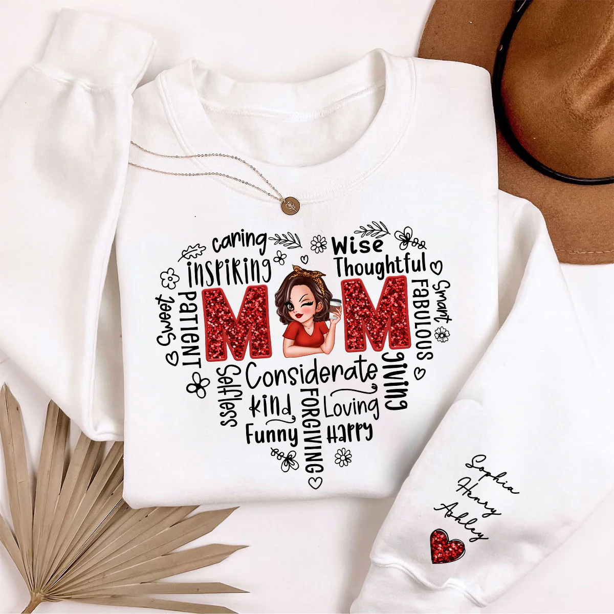 Mom Word Art Pretty Woman With Kids Names On Sleeve Personalized Sleeve Printed Sweatshirt - Image 5
