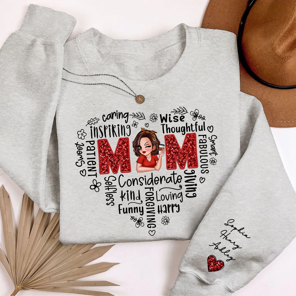 Mom Word Art Pretty Woman With Kids Names On Sleeve Personalized Sleeve Printed Sweatshirt - Image 6