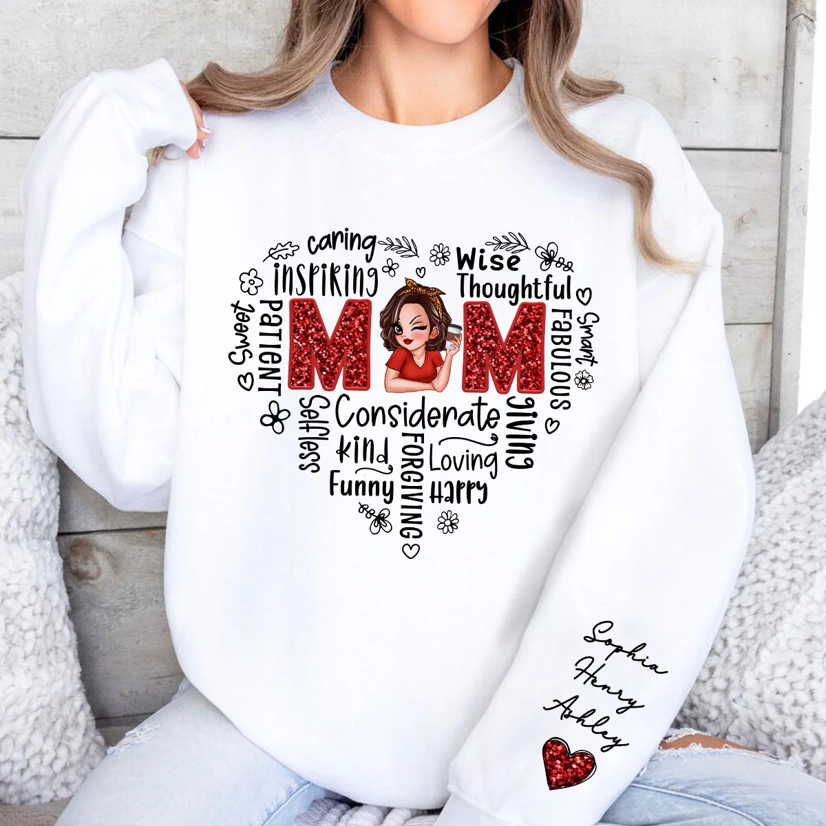 Mom Word Art Pretty Woman With Kids Names On Sleeve Personalized Sleeve Printed Sweatshirt - Image 7