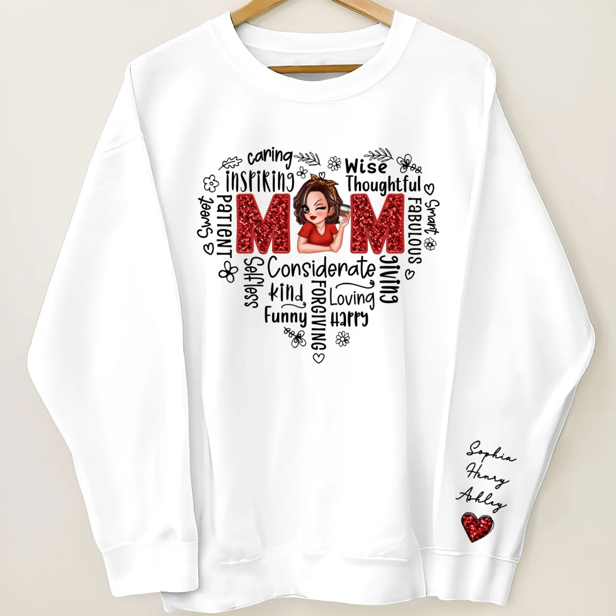 Mom Word Art Pretty Woman With Kids Names On Sleeve Personalized Sleeve Printed Sweatshirt - Image 8