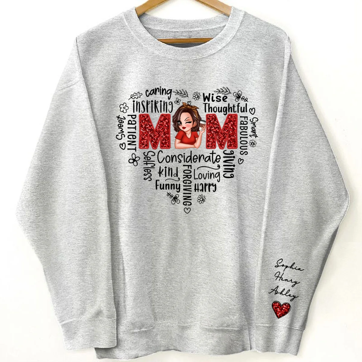 Mom Word Art Pretty Woman With Kids Names On Sleeve Personalized Sleeve Printed Sweatshirt - Image 9
