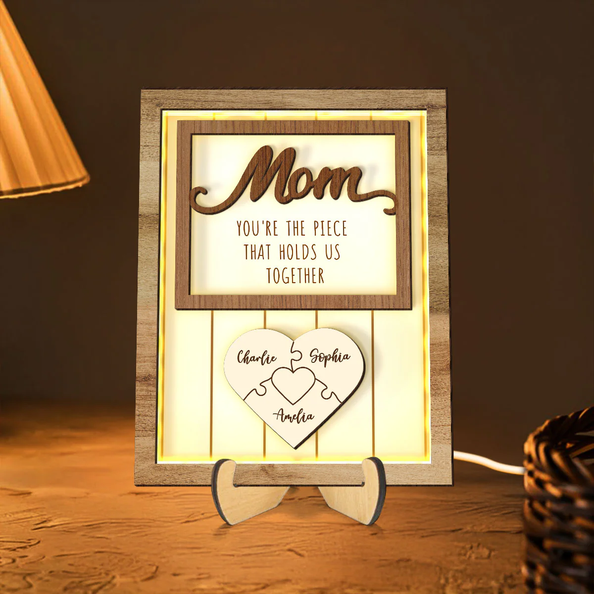 Mom You're The Piece that Holds Us Together Personalized 2-Layered Wooden Plaque with LED, Heartfelt Gift for Mom, Grandma