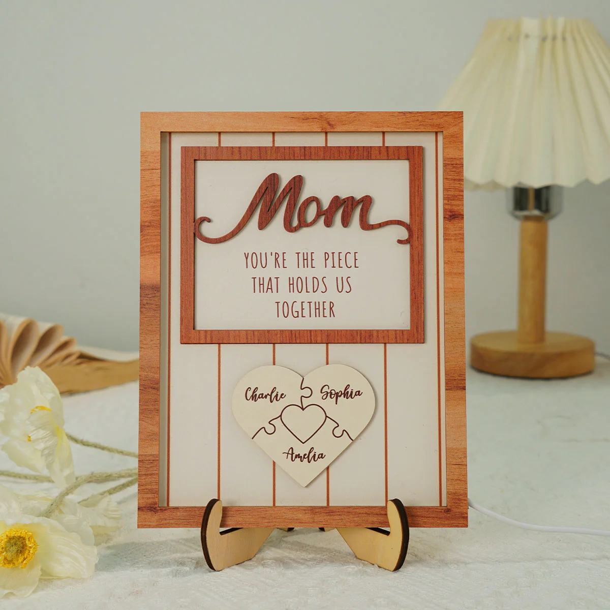 Mom You're The Piece that Holds Us Together Personalized 2-Layered Wooden Plaque with LED, Heartfelt Gift for Mom, Grandma - Image 11