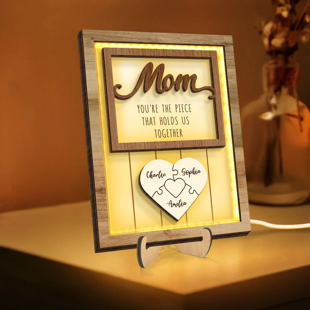 Mom You're The Piece that Holds Us Together Personalized 2-Layered Wooden Plaque with LED, Heartfelt Gift for Mom, Grandma - Image 6