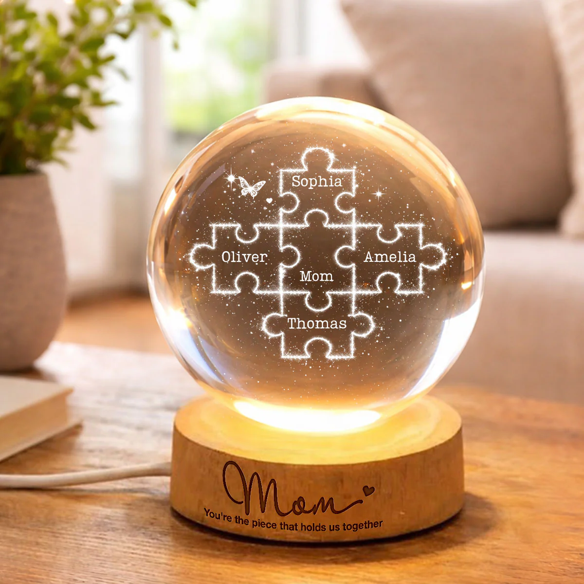 Mom You're the Piece that Holds Us Together - Personalized Crystal Ball LED Night Light - Mother's Day Gift for Mom, Wife - Image 2