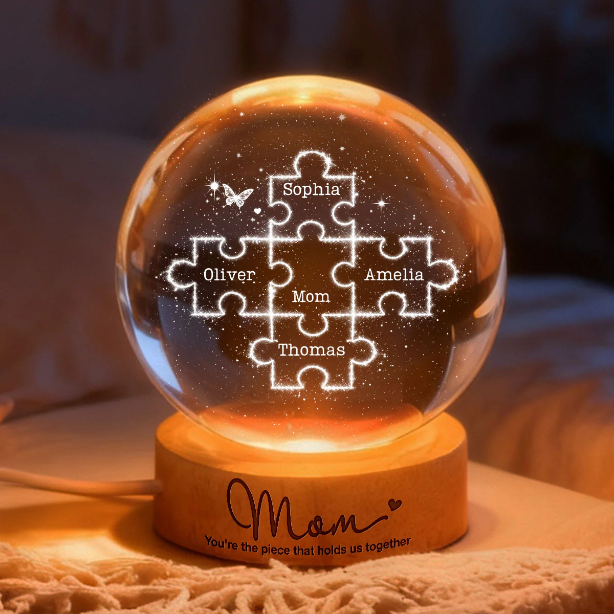 Mom You're the Piece that Holds Us Together - Personalized Crystal Ball LED Night Light - Mother's Day Gift for Mom, Wife - Image 4