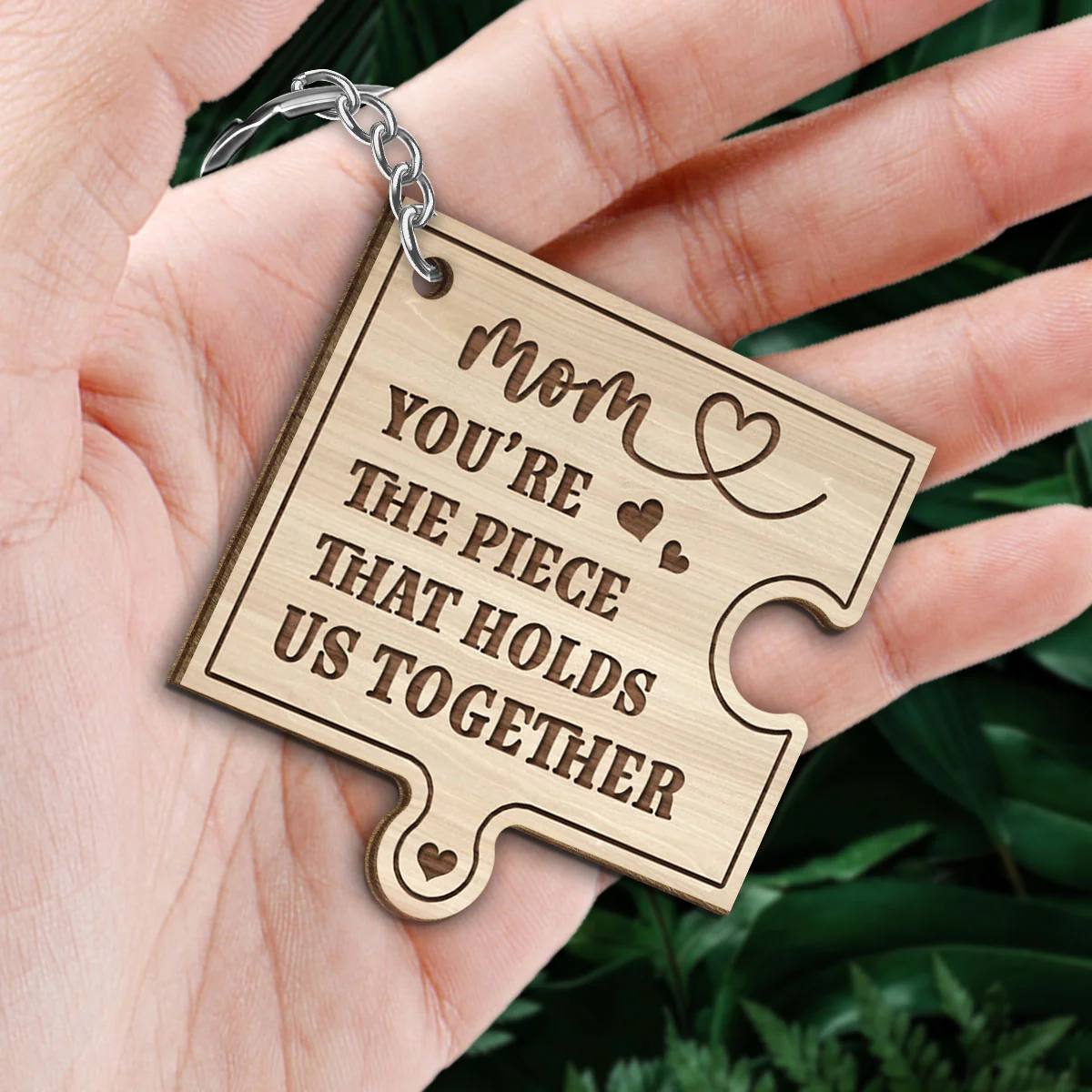 Mom You‘re The Piece That Holds Us Together Personalized Wooden Keychain - Image 2