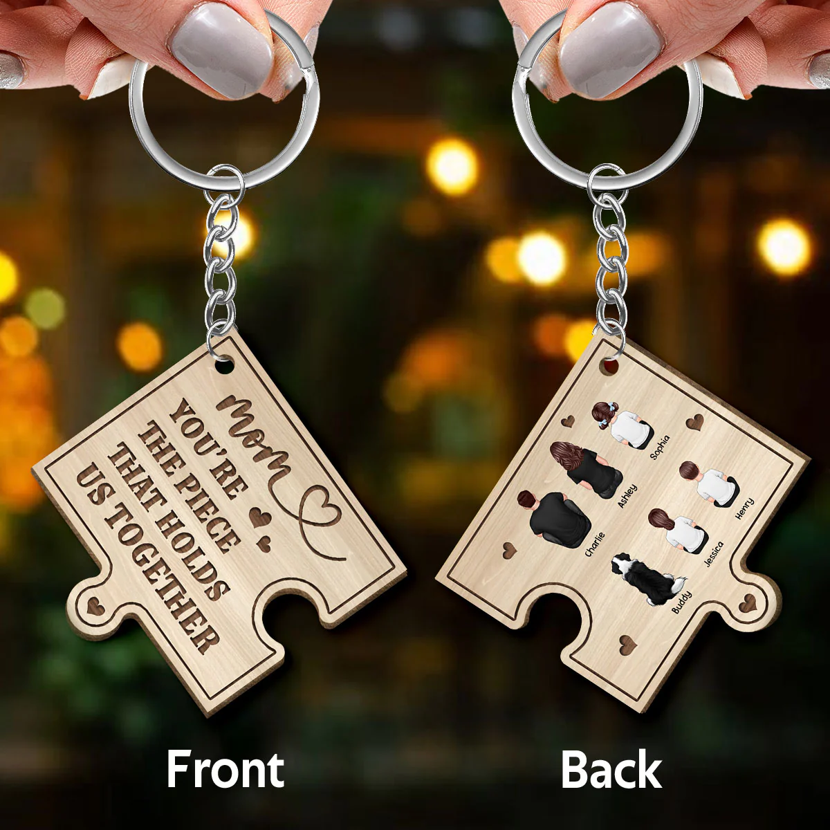 Mom You‘re The Piece That Holds Us Together Personalized Wooden Keychain - Image 3