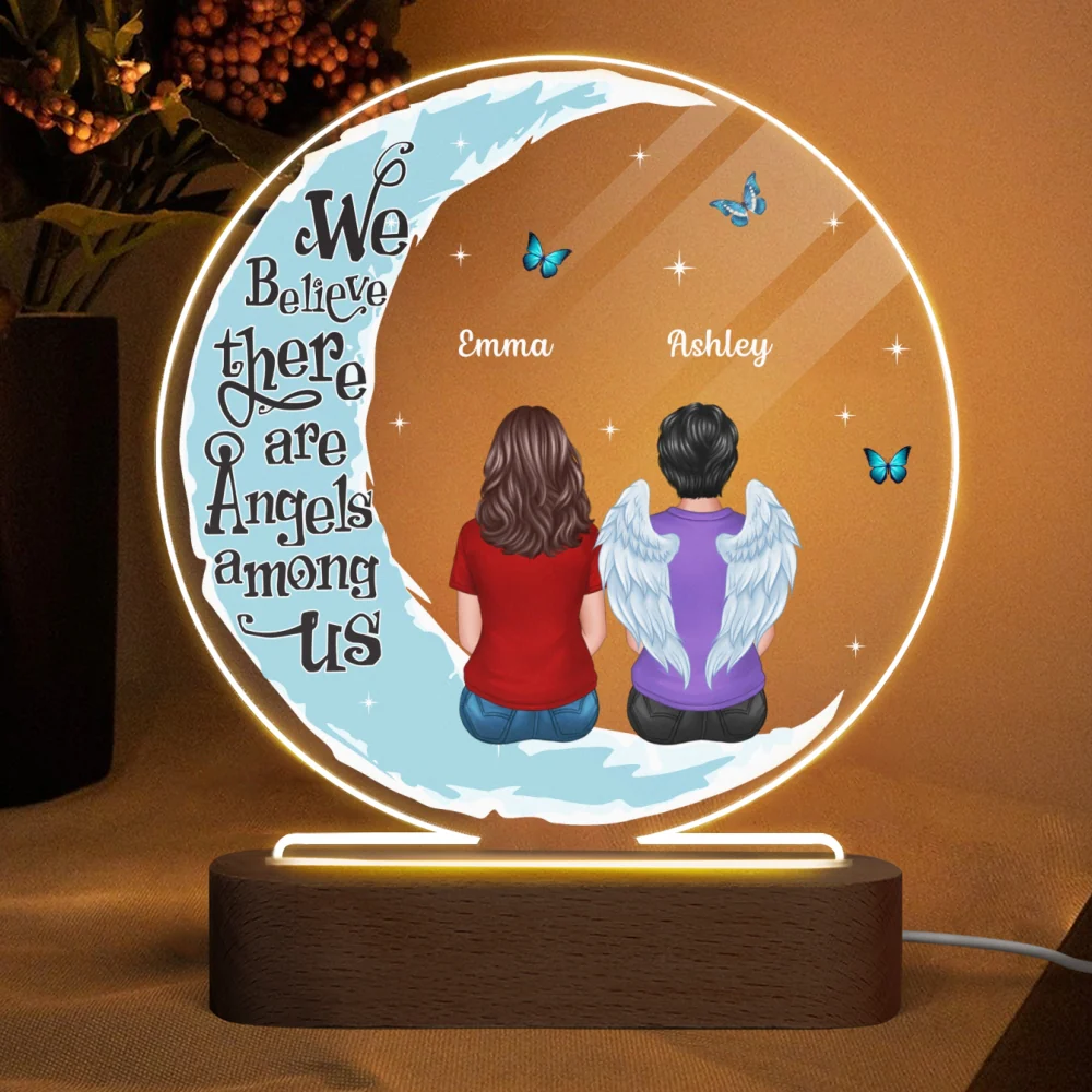 Moon Butterflies Angel Among Us Memorial Family Back View Personalized Circle Acrylic Plaque With LED Lamp - Remembrance Keepsake - Image 4