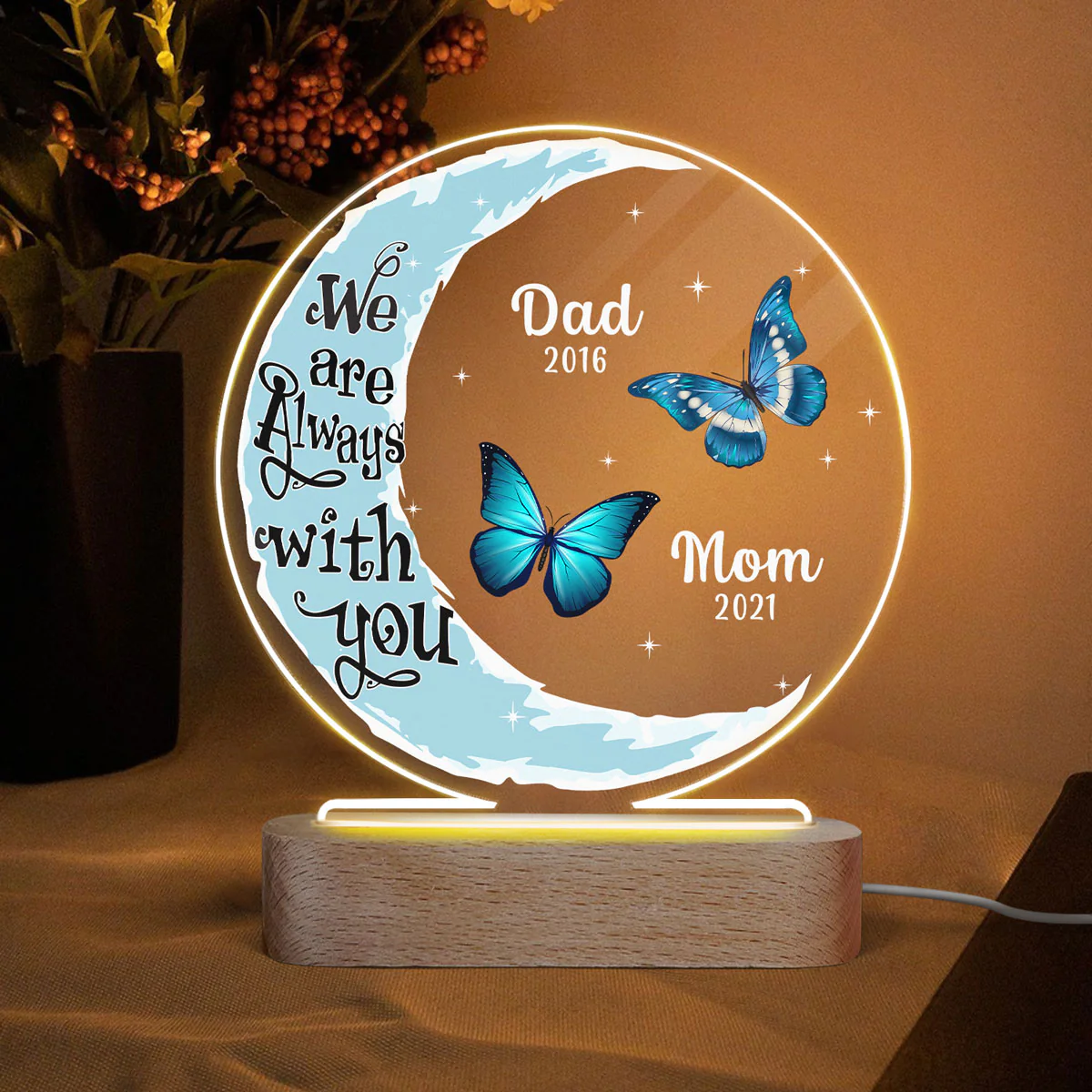 Moon Butterflies Angel Among Us Memorial Personalized Circle Acrylic Plaque With LED Lamp - Remembrance Keepsake