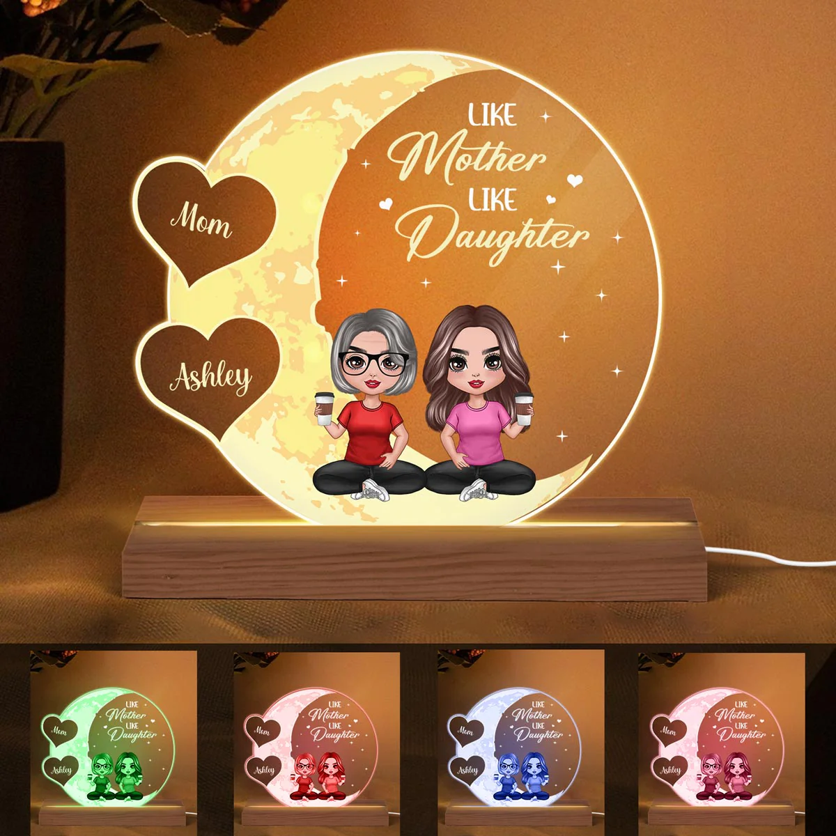 Moon Hearts Doll Mom Daughters Sons Sitting Personalized Custom Shape Acrylic Plaque LED Light Night