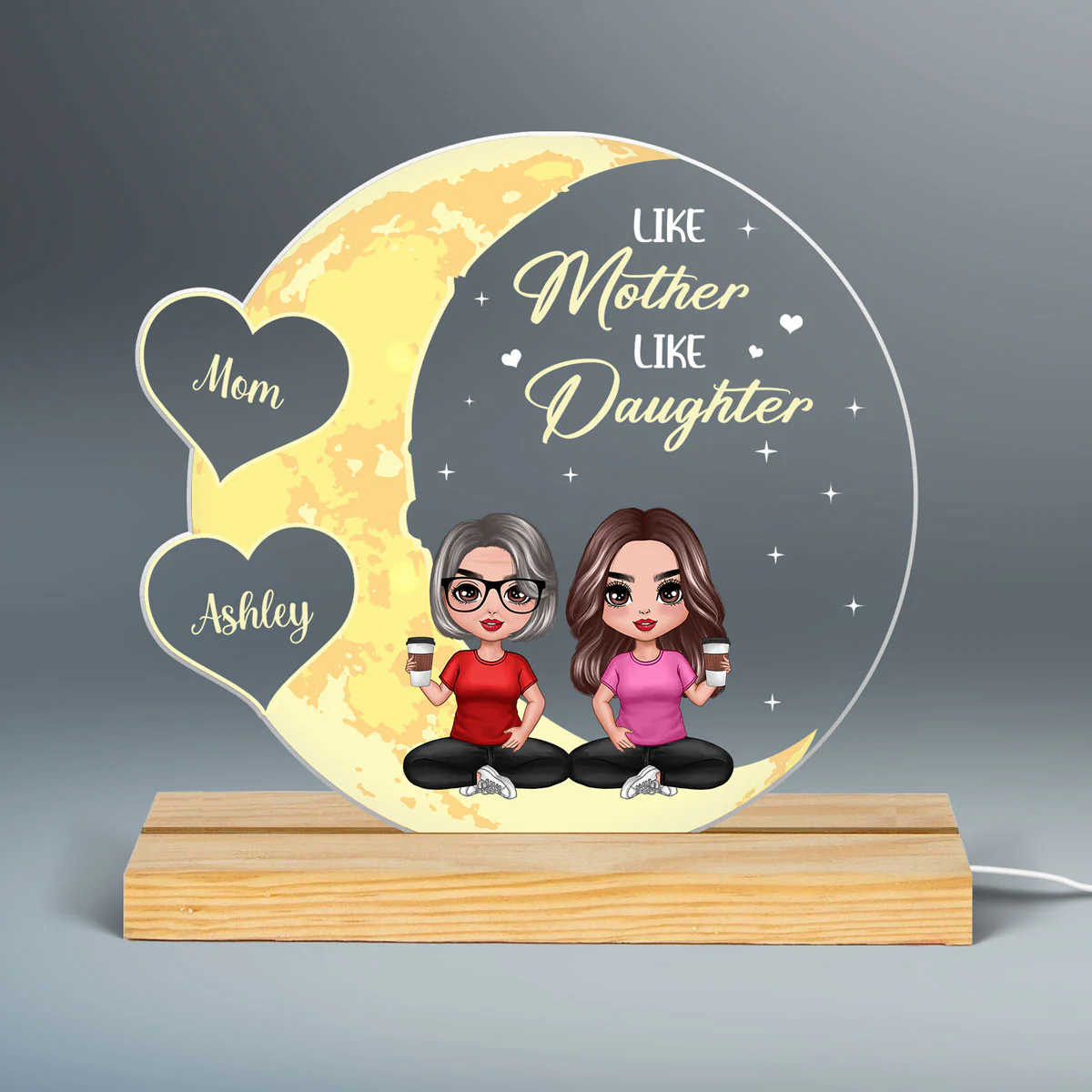 Moon Hearts Doll Mom Daughters Sons Sitting Personalized Custom Shape Acrylic Plaque LED Light Night - Image 2