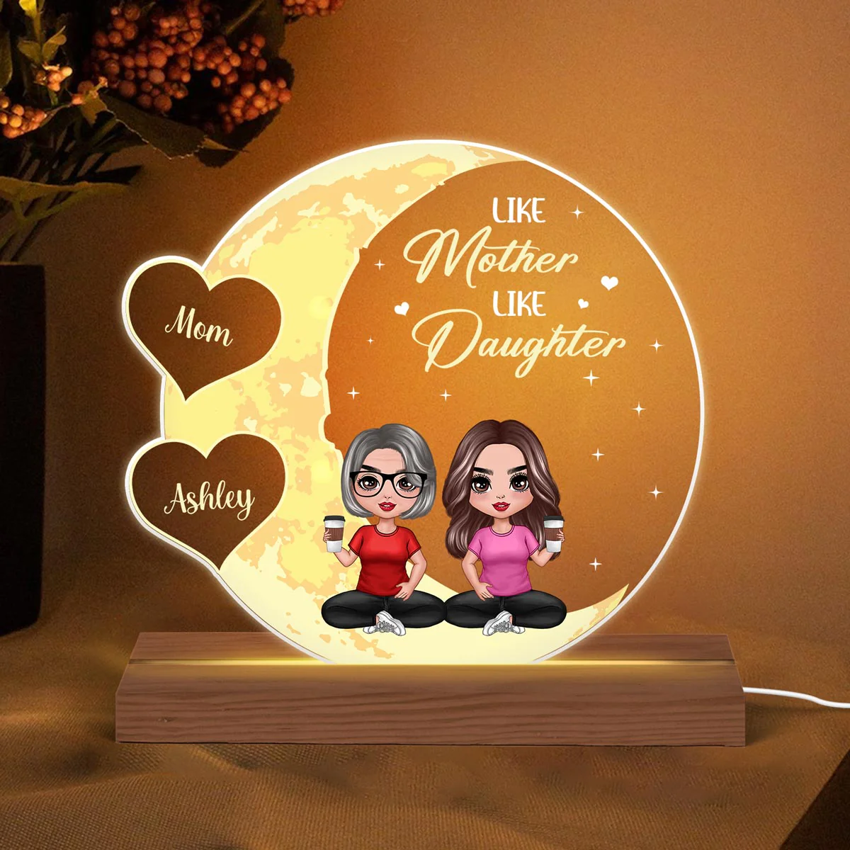 Moon Hearts Doll Mom Daughters Sons Sitting Personalized Custom Shape Acrylic Plaque LED Light Night - Image 3