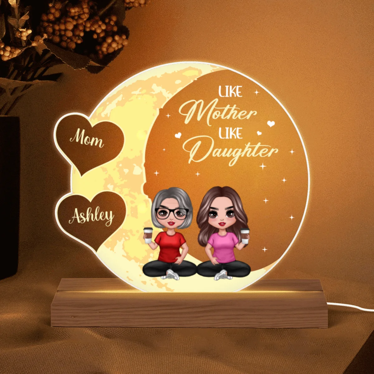 Moon Hearts Doll Mom Daughters Sons Sitting Personalized Custom Shape Acrylic Plaque LED Light Night - Image 5