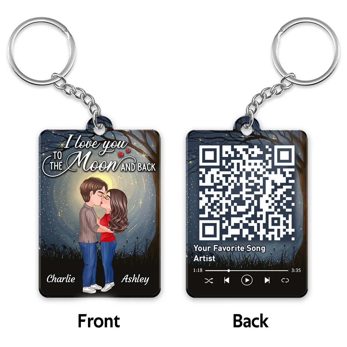 Moon Night Doll Couple Kissing Favorite Song Scannable QR Code Personalized Acrylic Keychain