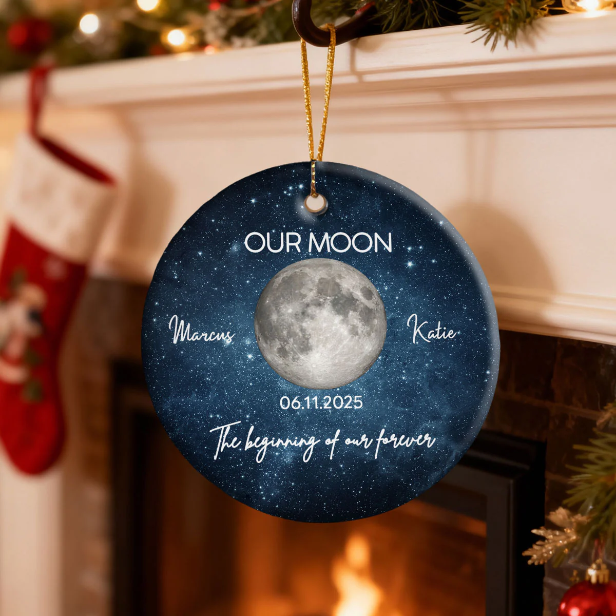 Moon Phase Couple The Beginning Of Our Forever - Personalized Ceramic Ornament - Gift For Couple - Image 2