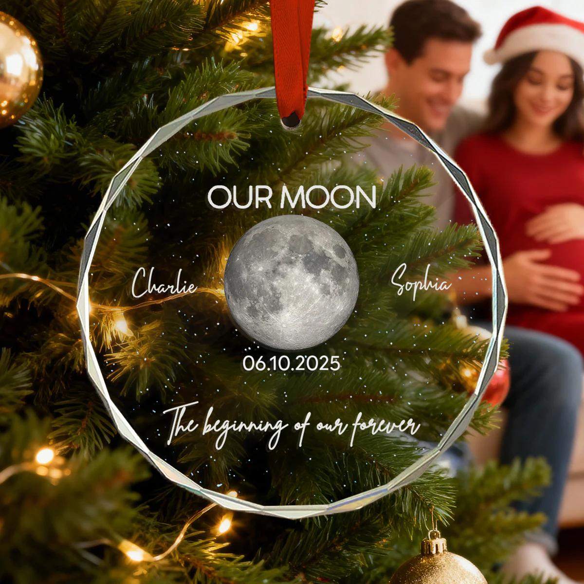 Moon Phase Couple The Beginning Of Our Forever - Personalized Glass Ornament - Gift For Couple - Image 2