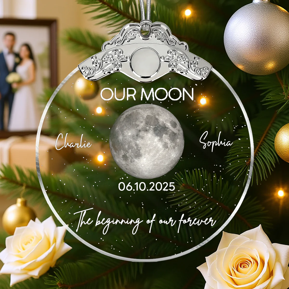 Custom Moon Phase Couple Anniversary Date The Beginning Of Our Forever - Personalized Glass Ornament With Silver Cap - Image 4