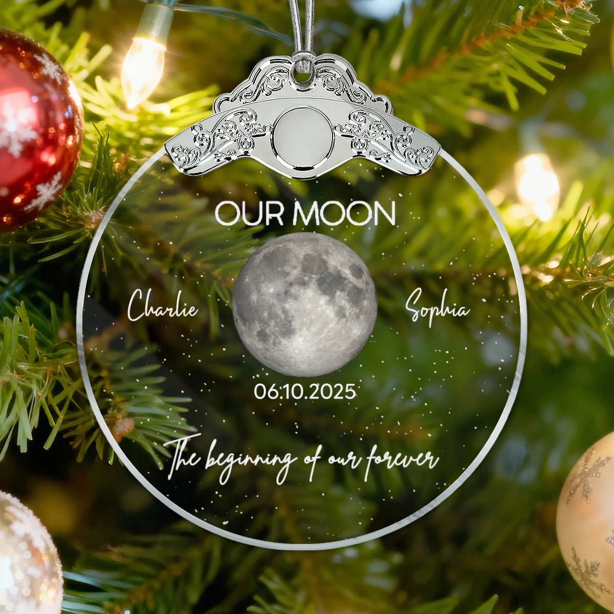 Custom Moon Phase Couple Anniversary Date The Beginning Of Our Forever - Personalized Glass Ornament With Silver Cap - Image 9