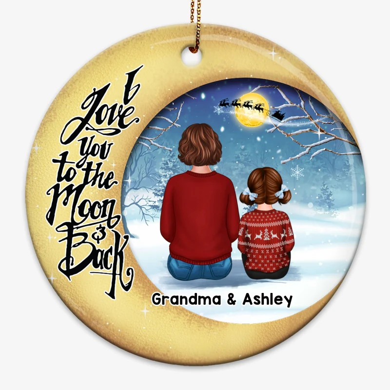 Moon Snow Love To The Moon Grandma & Grandkid Back View Personalized Circle Ornament - Image 3
