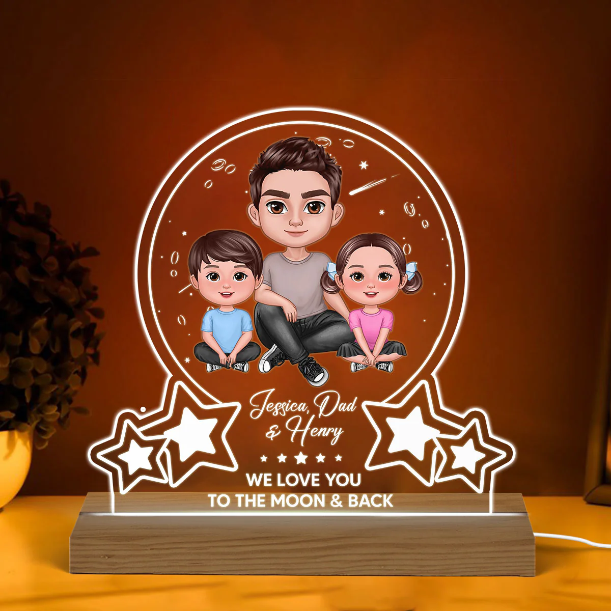 Moon Stars Dad Grandpa Love You To The Moon Personalized Warm Acrylic Custom Shape LED Night Light