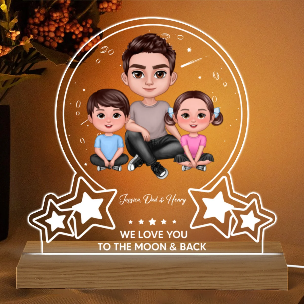 Moon Stars Dad Grandpa Love You To The Moon Personalized Warm Acrylic Custom Shape LED Night Light - Image 5