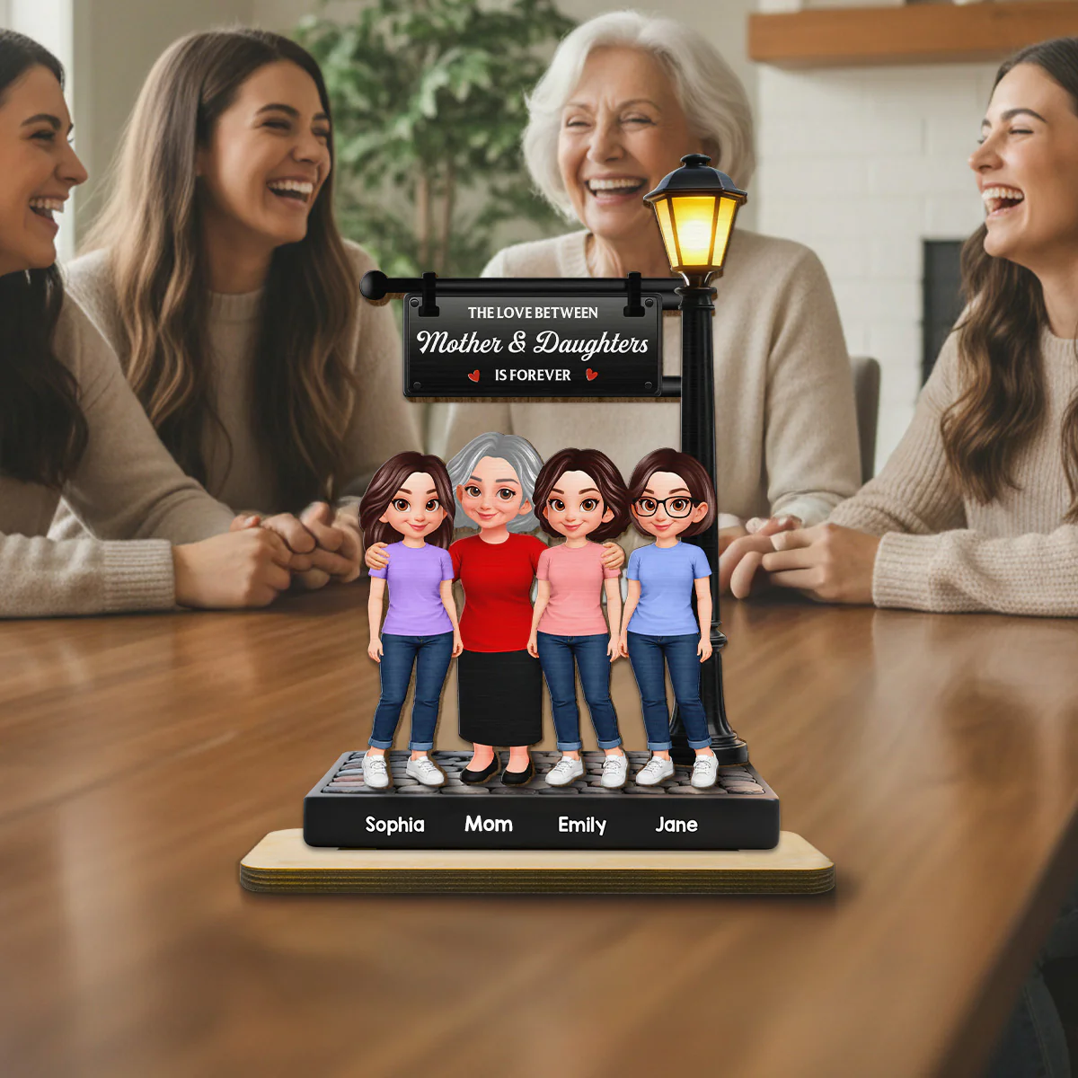 Mother And Daughter Son Happy Together Under Lamp Post - Personalized 2-Layered Wooden Plaque - Mother's Day Gift For Mom - Image 3