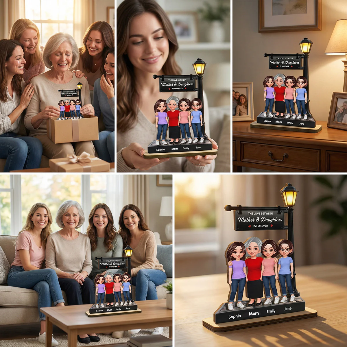 Mother And Daughter Son Happy Together Under Lamp Post - Personalized 2-Layered Wooden Plaque - Mother's Day Gift For Mom - Image 4