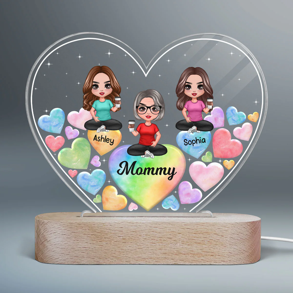 Mother And Daughters Hearts In Heart Personalized Heart Acrylic LED Night Light - Image 2