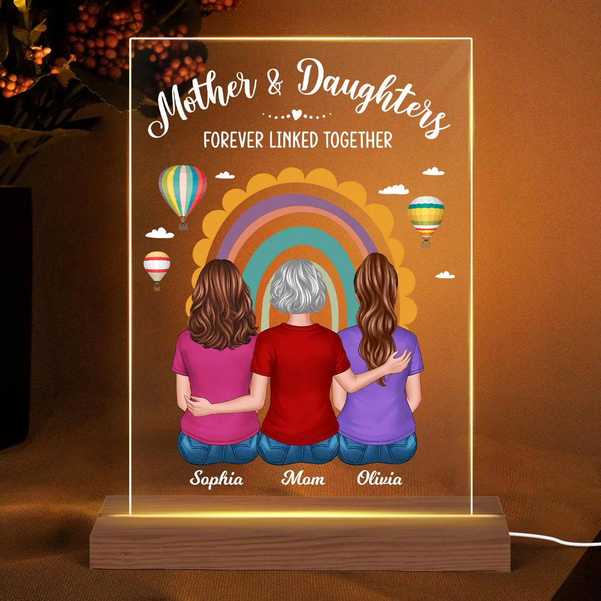 Mother Daughter Back View Rainbow Air Balloon Personalized Acrylic LED Night Light