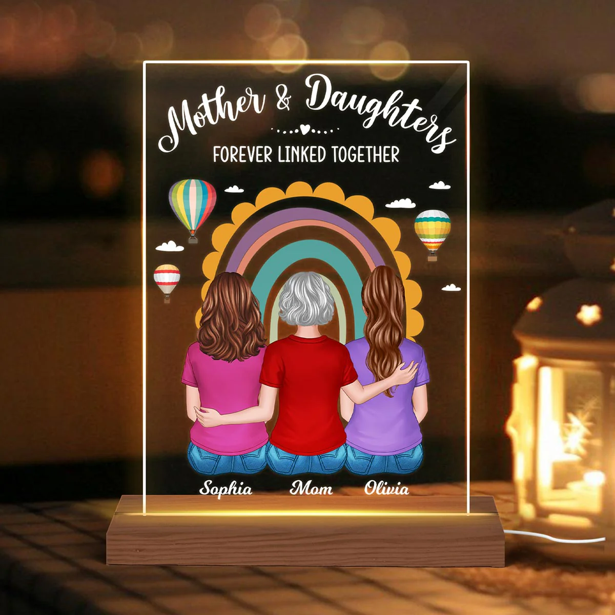 Mother Daughter Back View Rainbow Air Balloon Personalized Acrylic LED Night Light - Image 3