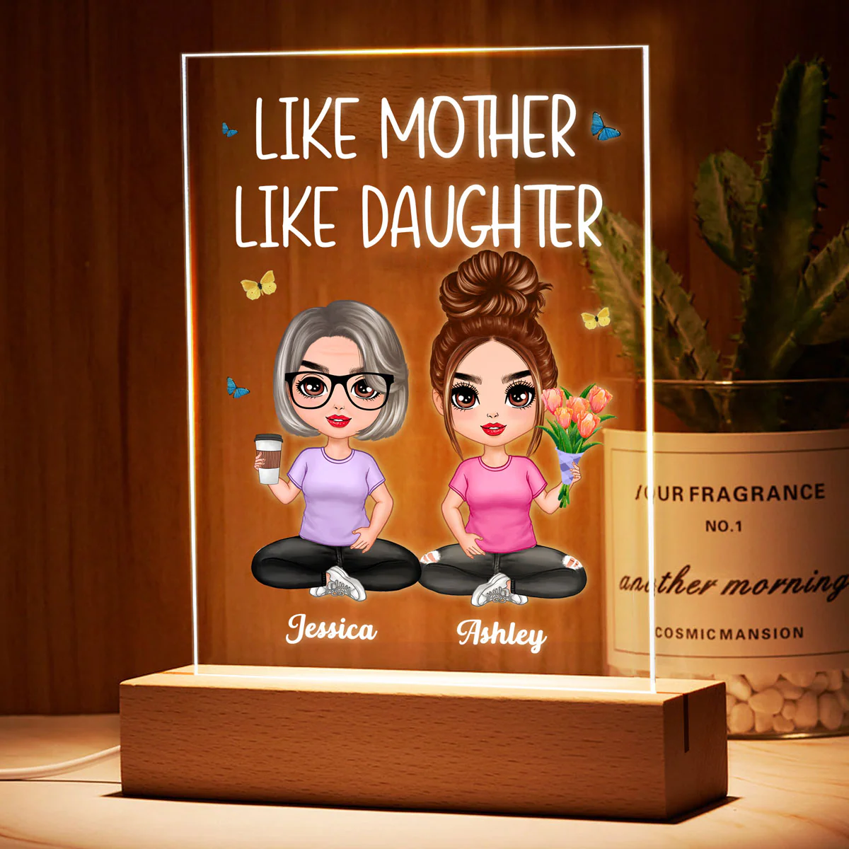 Mother Daughter Doll Sitting Flowers Personalized Acrylic LED Night Light - Image 3