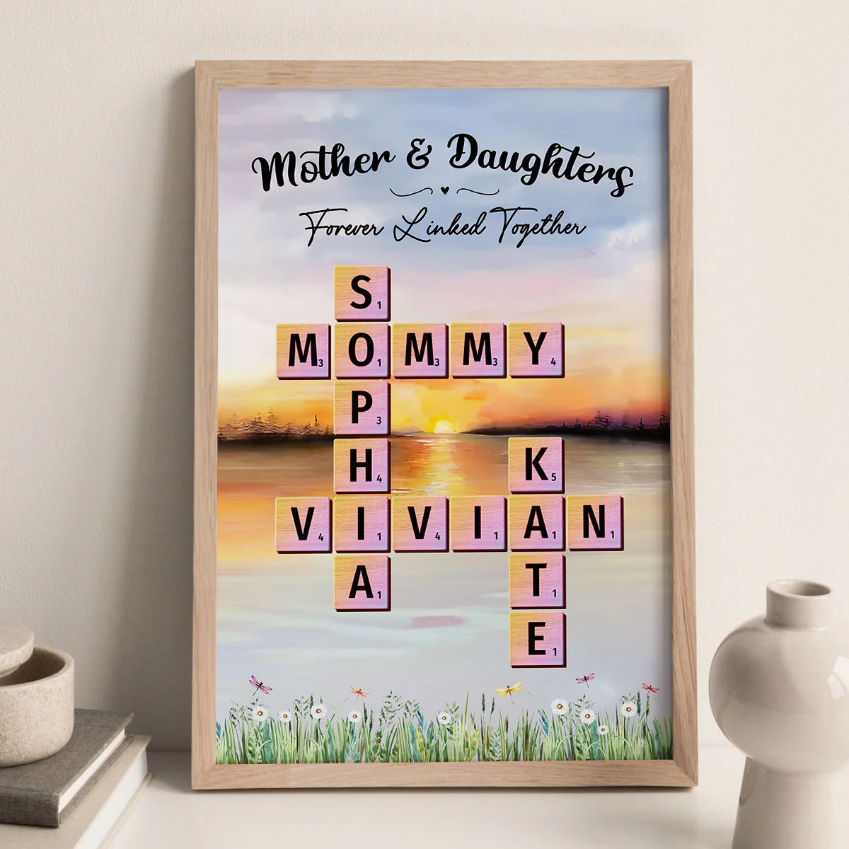 Mother Daughter Forever Linked Together Crossword Puzzle Art Personalized Poster - Image 2