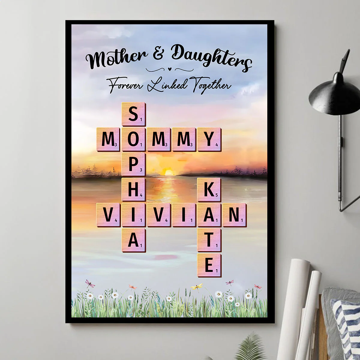 Mother Daughter Forever Linked Together Crossword Puzzle Art Personalized Poster - Image 3